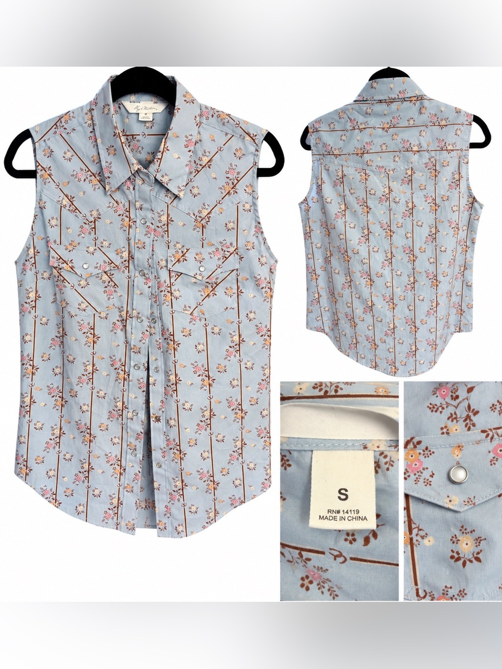 Ely Walker Boot Barn Western Floral Sleeveless Pearl Snap Shirt Blue Size Small